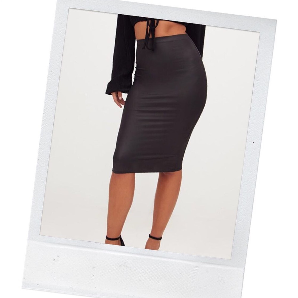 Pretty Little Thing Leather Wet Bodycon Midi Skirt